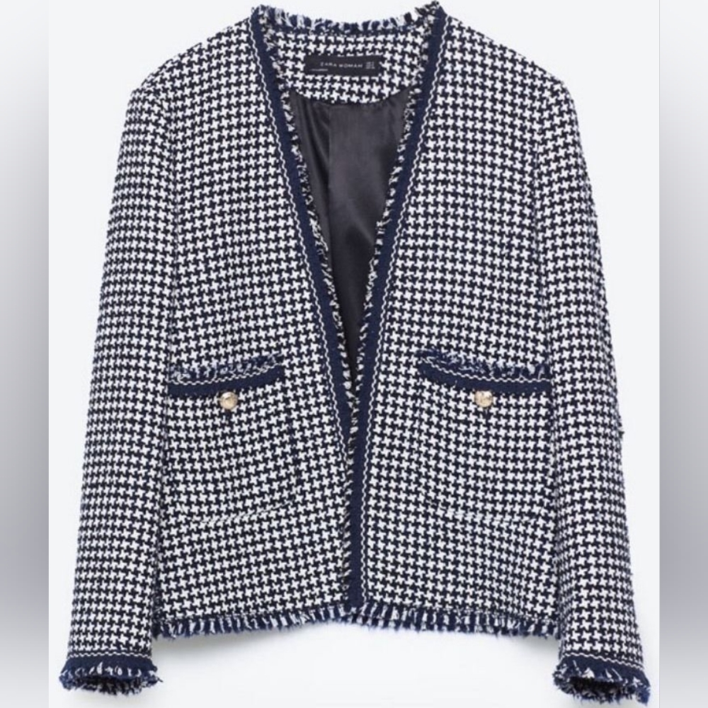 Zara Tweed Houndstooth Open Front Raw Edge Blazer